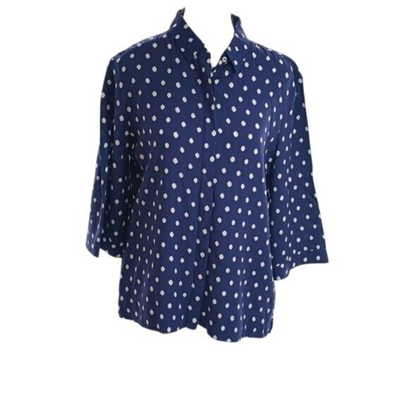Max Jeans Button Down Blouse Womens Size S Navy Blue Polka Dot 3/4 Sleeve Light - Picture 1 of 8